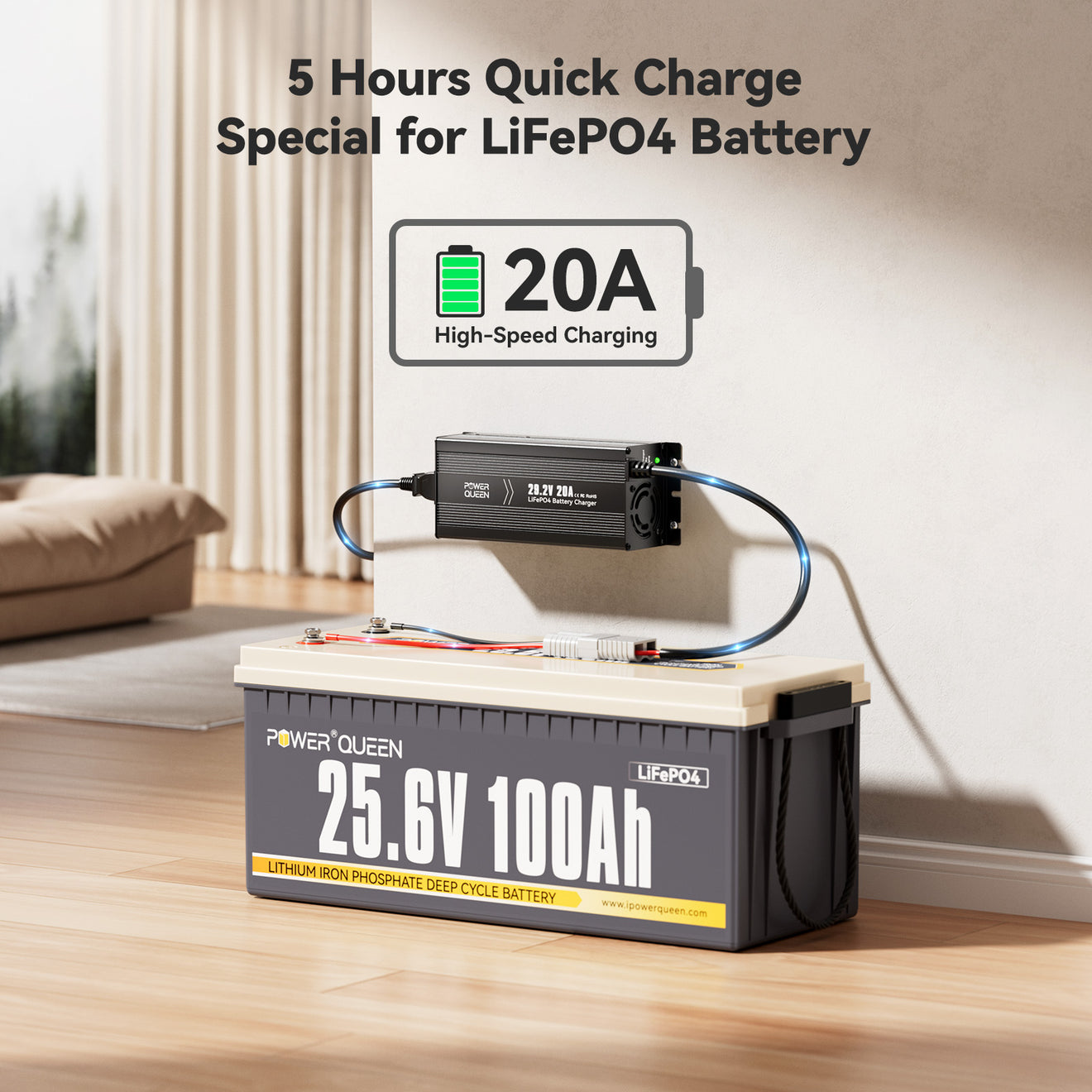 Power Queen 29.2V 20A fast charger for 24V 100Ah LiFePO4 battery – quick charge in 5 hours