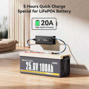 Power Queen 29.2V 20A fast charger for 24V 100Ah LiFePO4 battery – quick charge in 5 hours
