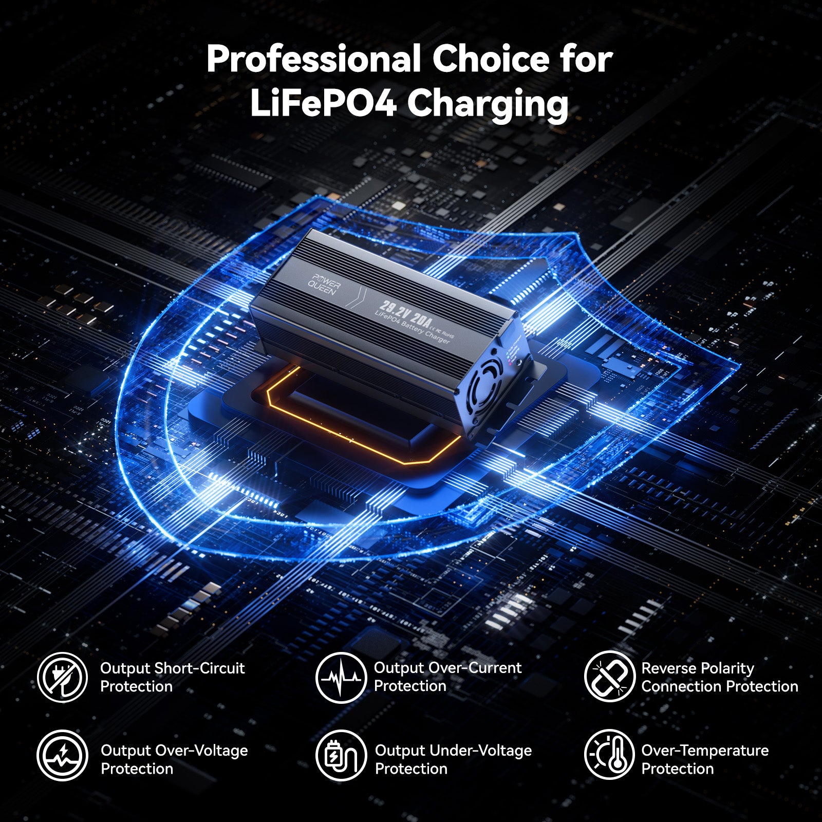 Professional LiFePO4 battery charger with 6 safety protections – over-current, over-voltage, short circuit