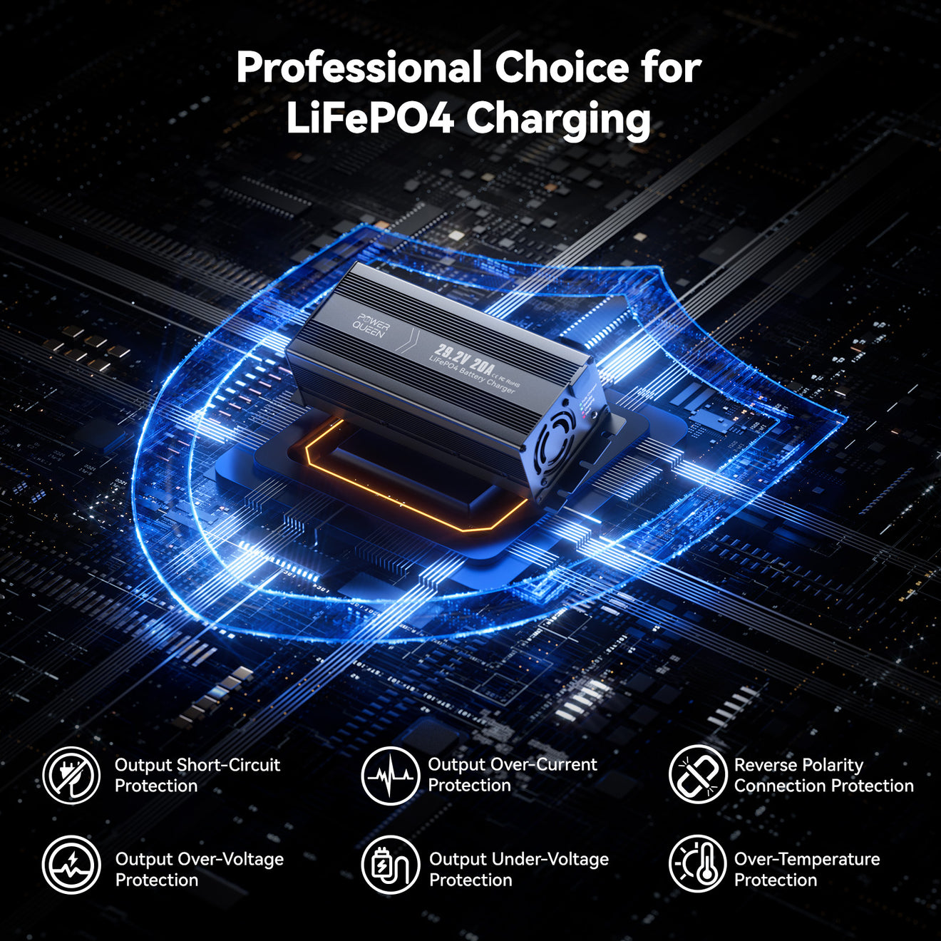 Professional LiFePO4 battery charger with 6 safety protections – over-current, over-voltage, short circuit