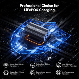 Professional LiFePO4 battery charger with 6 safety protections – over-current, over-voltage, short circuit