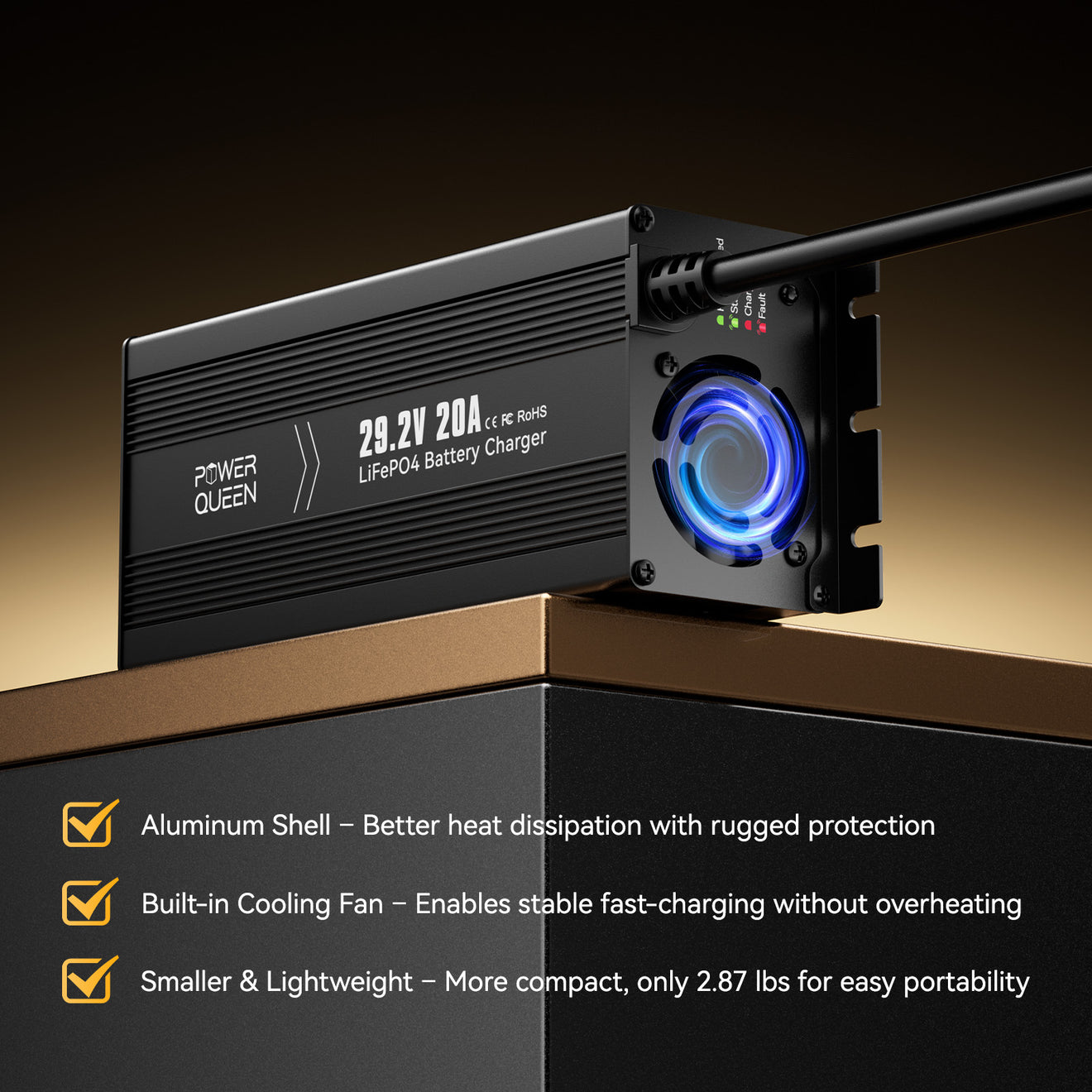 Compact and lightweight Power Queen 29.2V 20A charger with aluminum shell and cooling fan