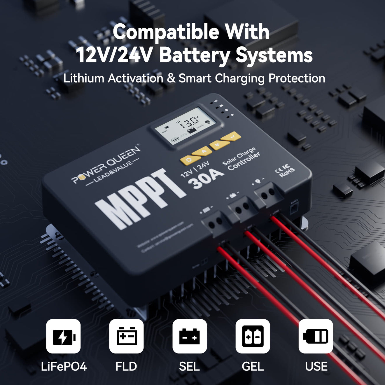 Solar charge controller for 12V/24V LiFePO4 batteries in off-grid setups