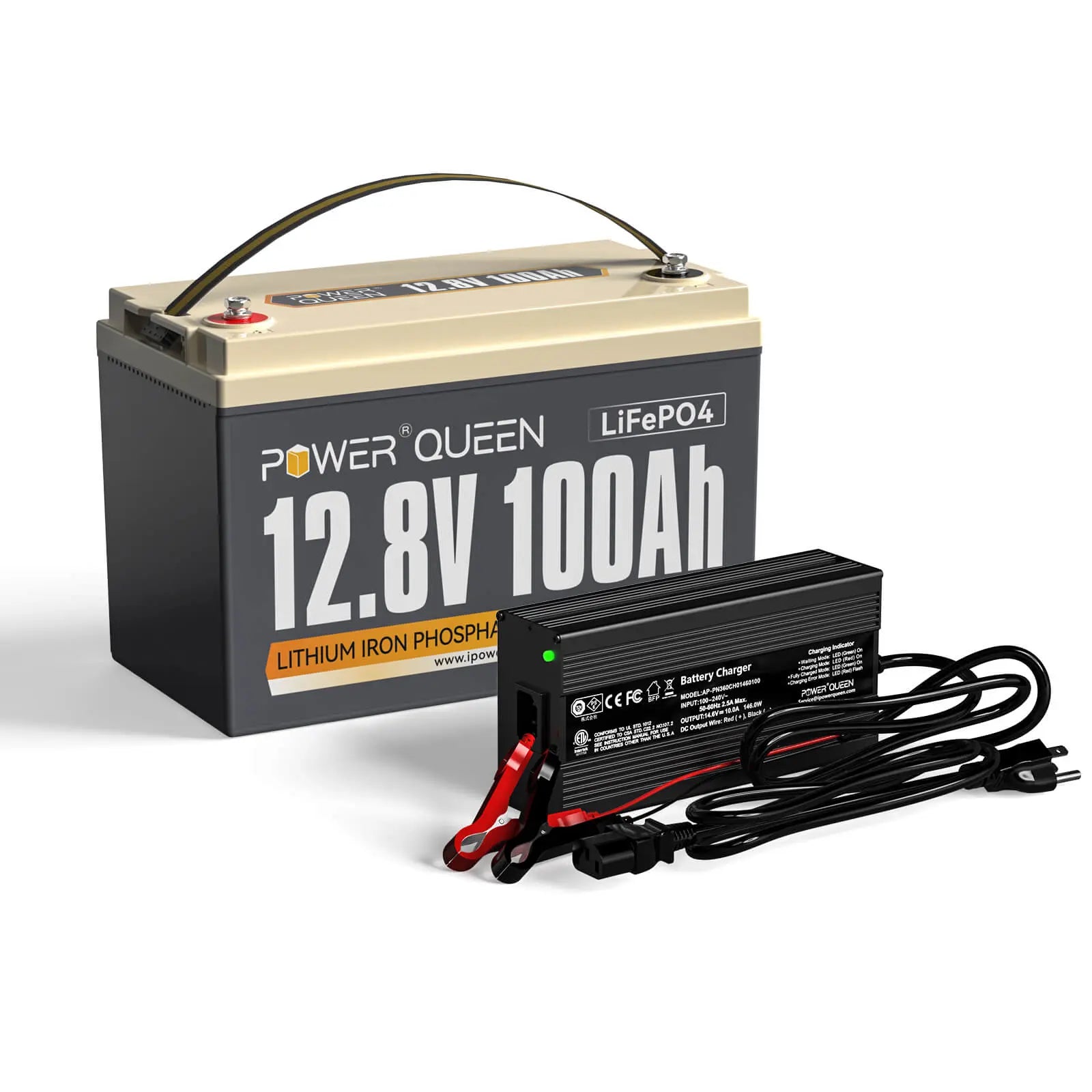 12,8V 100Ah LiFePO4 Lithium Batterie Power Queen & 14,6V 10A