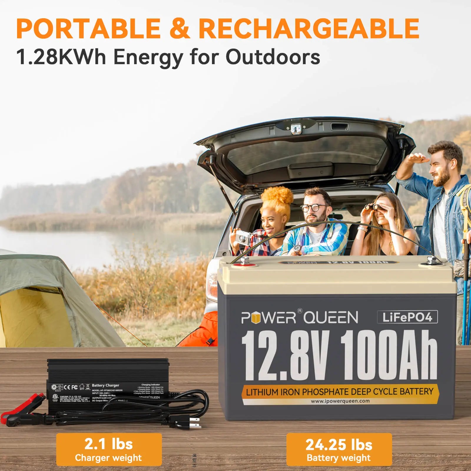 Power Queen 12V 100Ah LiFePO4 Battery + 14.6V 10A Charger