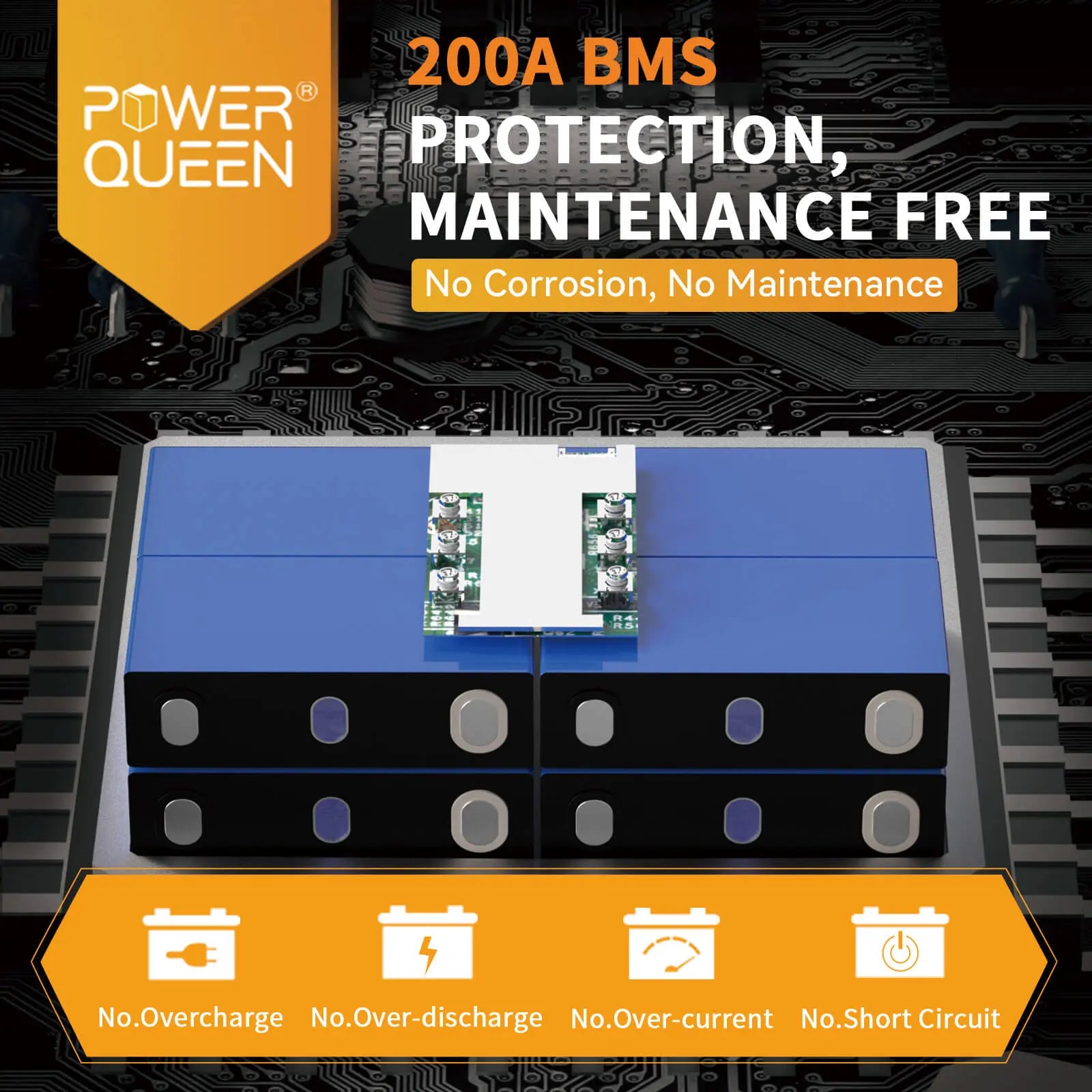Power Queen 12.8V 300Ah LiFePO4 Battery, Built-in 200A BMS